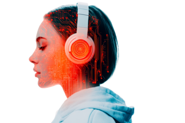 Woman with electronic circuit inside head and headphones, cut out transparent