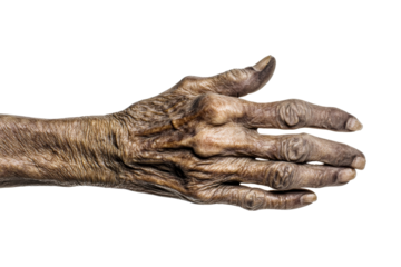 Aged hand with wrinkled skin, palm and fingers, isolated , cut out transparent