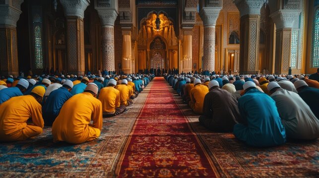 A large gathering at a mosque for Jummah prayer, the imam delivering a sermon from the minbar