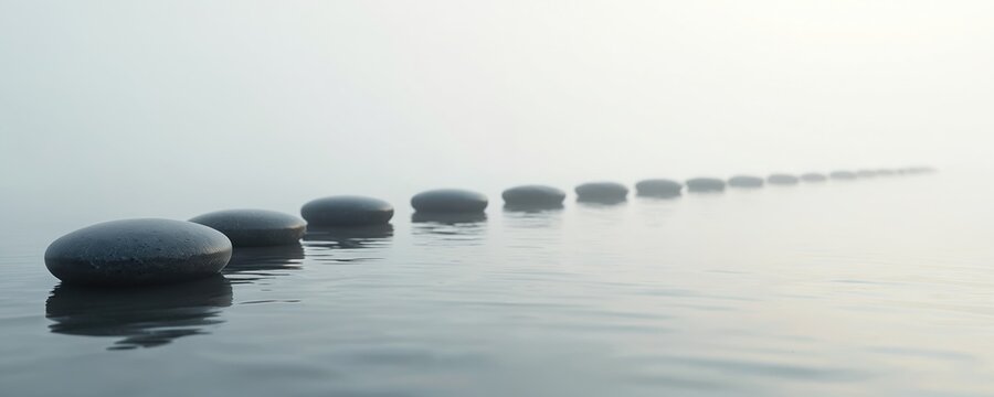 Zen path stepping stones through misty water. Calm, serene scene evokes peacefulness. Tranquil outdoor setting promotes meditation, mindfulness, quietness. Japanese zen garden concept, balance,