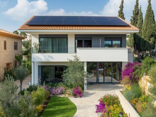 Fototapeta premium Solar panels on the roof of a modern white two-story house with a manicured lawn and flower beds, Israel