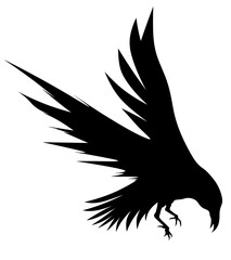 Obraz premium Silhouette of a raven with fluttering feathers in graphic style, black and white illustration. Mystical, gothic image of a flying bird