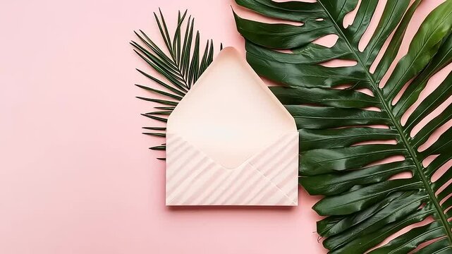 An open envelope with tropical leaves on a pink background for a stylish, minimalist design.