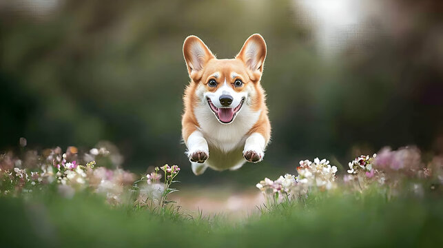 Playful Corgi Jumping In A Field Of Flowers