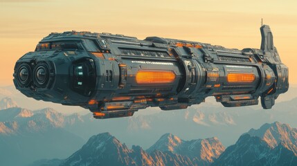 A futuristic spaceship is flying above majestic mountainous terrain