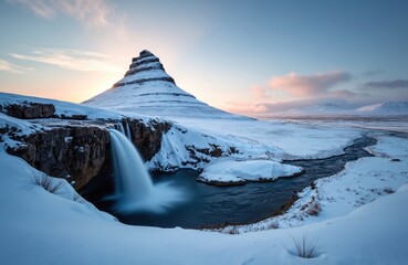 Sunrise over Kirkjufell mountain, Kirkjufellsfoss waterfall in Iceland. Winter landscape features snow covered ground, river, dramatic sky. Popular destination for travelers, tourists, vacation.