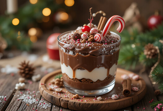 Rich chocolate parfait layered with creamy goodness, topped with candy canes and festive decorations, perfect for the holiday season