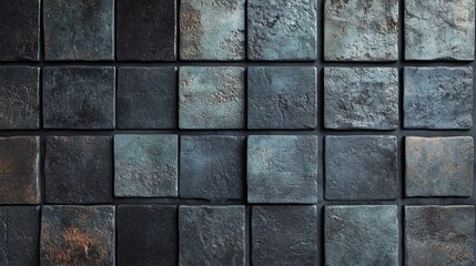Square and polished, the mosaic tiles are arranged to create a wall, with a semigloss finish, and are set against a background of 3D, stacked bricks that make up a concrete block, as shown in the 3D