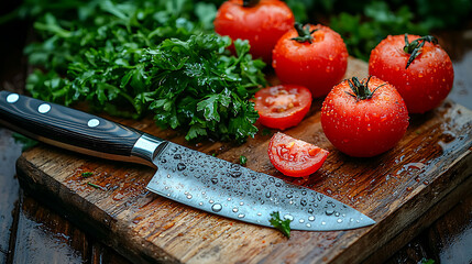 Closeup of juicy, ripe tomatoes and fresh parsley on a rustic wooden cutting board, next to a watercovered chefs knife.  A vibrant image perfect for culinary blogs, cookbooks, or food advertising.