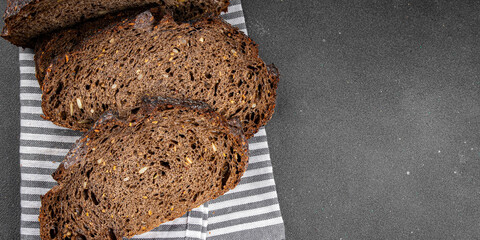 Black bread cereal whole grain bakery product  dish fresh gourmet food background on table rustic food top view copy space