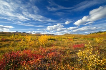 peaceful vibe of wild&rsquo;s change glows in broad span of an October meadow in chill zone clad in vivid harvest hues  
