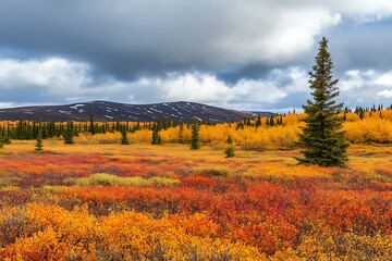 Fototapeta premium calm mood of earth’s shift shines in wide sweep of a fall plain on frost land dressed in bold autumn leaves 