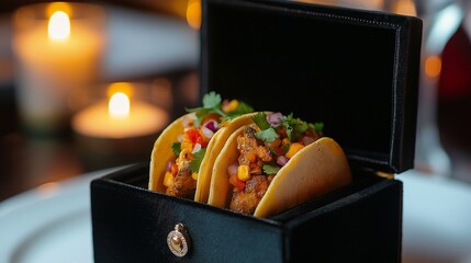 Gourmet tacos served in an elegant black box at a fine dining restaurant during evening hours