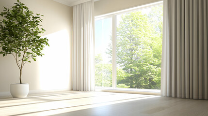 Bright Interior With Large Window Light Shining On Green Tree And White Curtains