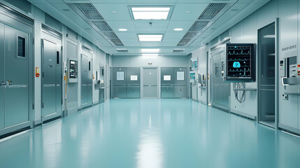 Fototapeta premium Modern Hospital Corridor With Stainless Steel Doors And Equipment
