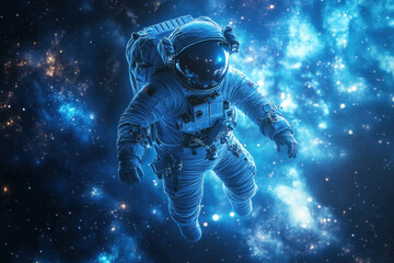 Fototapeta premium Astronaut floating in outer space near a space station, Earth in the background.