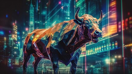 Abstract Polygonal Bull in Neon Cityscape at Night