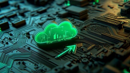 A green neon light cloud download icon serves as a symbol for data storage technology in this 3D render, which includes a black background and a high-tech floor
