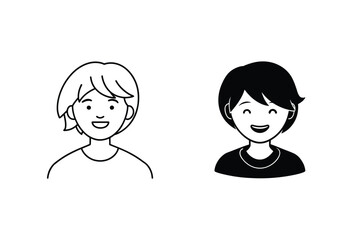 Two Happy Child Avatar Icons Line Art and Silhouette