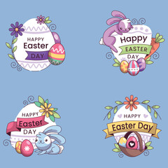 Set cute Easter animals Rabbit girl and boy with eggs and Chickens in round shape with floral