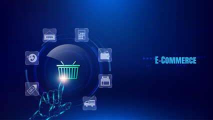 Futuristic hand touches e-commerce icon with shopping cart on blue digital background, online business, digital transactions, modern technology. The future of e-commerce and virtual shopping.