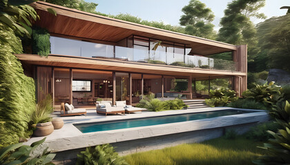 Fototapeta premium Modern Tropical Villa with Private Pool in Lush Forest