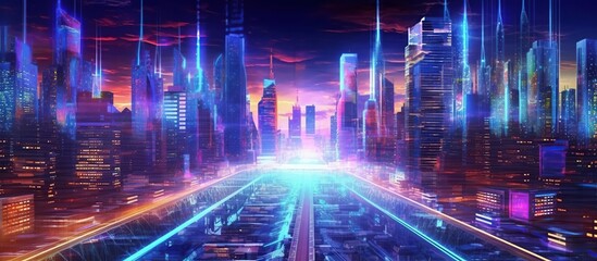 Futuristic Cityscape with Neon Lights and Vibrant Colors at Dusk