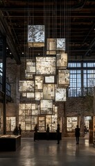 Suspended light installation in a brick building.  Numerous translucent cubes hang from the ceiling, illuminating the space.