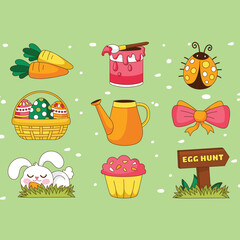 Easter stickers set with rabbit, Easter eggs, flowers, carrots isolated on flat background.