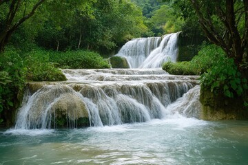 Fototapeta premium Serene tiered waterfall cascading through lush green jungle.