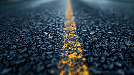 Close Up of Asphalt Road with Yellow Line Marking for Transportation