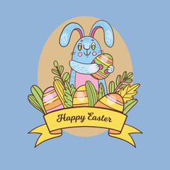 Cute Easter Rabbit On Easter Egg In Sticker Style Premium Vector Graphic Asset