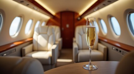 A champagne flute filled with bubbly liquid stands prominently on a circular table within the luxurious interior of a private jet