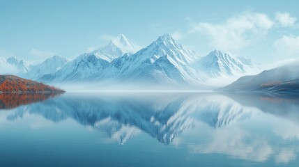 Serene autumn lake reflecting snow-capped mountains; perfect for travel brochures