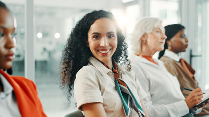 Office, convention and businesswoman in portrait for meeting, startup conference and smile with confidence. Audience, employees and female consultant with happiness for training, skills and learning