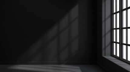 Dark room corner, sunlight through window, shadows on wall, minimalist interior design, website background