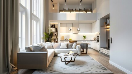 Compact city loft living room space saving furniture neutral color soft ambient lighting white background