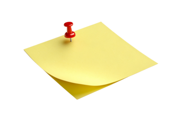 Yellow Post-it Note: A bright yellow post-it note, pinned with a red pushpin, suggesting messages or reminders.