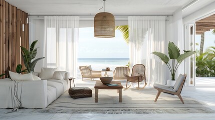 Contemporary beach house living space open air design relaxed coastal vibe airy curtains ocean view white background
