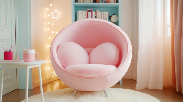 Cozy cutecore reading nook with bubblegum pink chair and star lights for relaxation