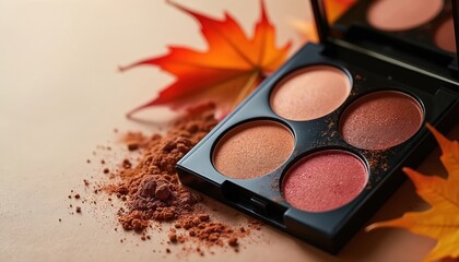 Palette eyeshadow featuring brown, red tones. Makeup product, autumn leaves background. Beauty, cosmetic, fashion concept. Product demo, beauty studio, close-up, professional make-up.