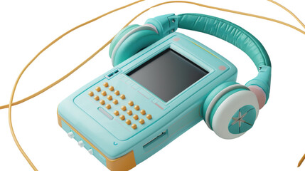 Turquoise vintage digital audio player with headphones playing music on transparent background