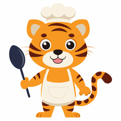 Сute tiger cub chef mascot cartoon character holding spoon.Suitable for children's books, stickers, mascots, logos. Vector children's illustration on a white background