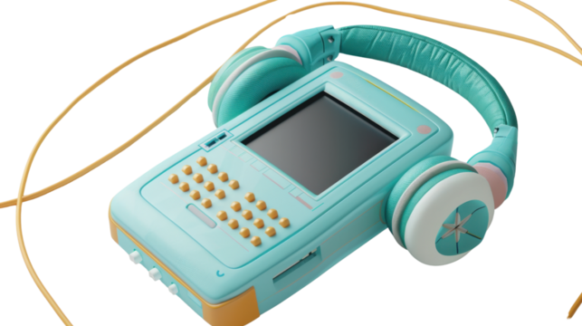 Turquoise vintage digital audio player with headphones playing music on transparent background