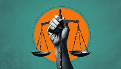 Contemporary art collage hand holding scales. Abstract justice concept, balance, decision, equality. Manager, leader idea concept. Success in business, company work. Law, purchase, rule, trend,