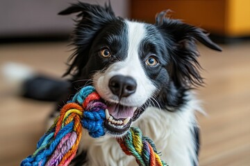 A playful and funny image of a cute, smiling Border Collie puppy gripping a vibrant rope toy. This little furry friend, the newest addition to the family, enjoys playtime at home with its owner