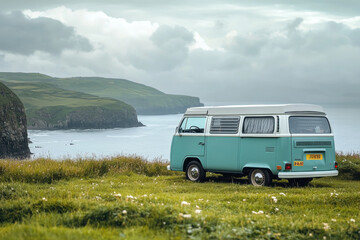 A van parked on a cliff's edge with a stunning ocean view below.