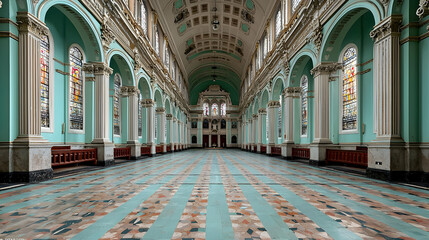 Obraz premium Ornate Interior Of A Large Church With Blue Walls Gold Embellishments Stained Glass Windows And Stone Columns
