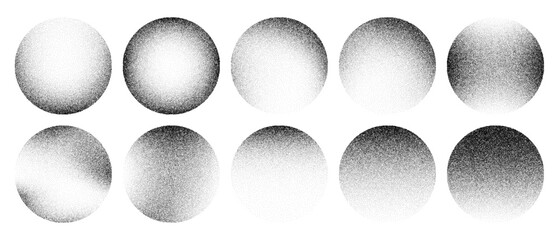 Grainy noise circles vector set. Dot grain texture circles. Spray texture sand and dissolving circles. Abstract black spheres with gradient stipple pattern.  Vector illustration