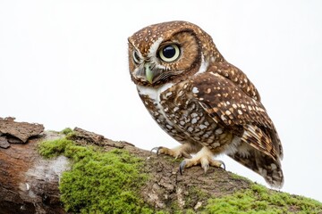 Fototapeta premium A speckled owl with large eyes perches on a mossy log against a white background.